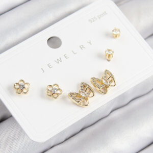 Tegan Pirinç Zirkon Taşlı Kelebek Model Gold Renk 925 Ayar Gümüş Çivi Kadın Küpe Set TG27BKP11182
