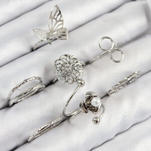 Tegan Pirinç Gül Kelebek Model Gümüş Renk Kadın Yüzük Kombin Set TG27BYK3811