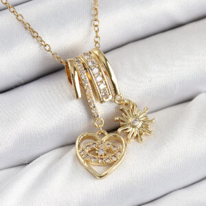 Tegan 316L Çelik Zirkon Taşlı Sallantılı Kalp Ve Güneş Model Gold Renk Kadın Kolye TG27BKO10478