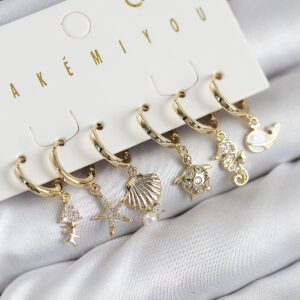 Tegan Pirinç Zirkon Taşlı İstiridye Balina Ve Yıldız Gold Renk 6'lı Küpe Set TG27BKP11203