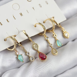 Tegan Pirinç Zirkon Taşlı Sallantılı Model Gold Renk 6'lı Küpe Set TG27BKP11205