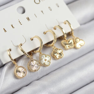 Tegan Pirinç Zirkon Taşlı Yonca Model Gold Renk 6'lı Küpe Set TG27BKP11207