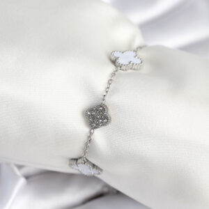 Tegan 316L Çelik Zincir Gümüş Renk Zirkon Taşlı Yonca Beyaz Kadın Bileklik TG27BB7978