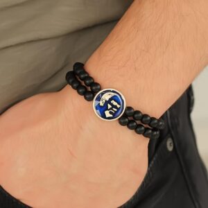 Tegan Atatürk Portre Figürlü Lacivert Metal Aksesuarlı Siyah Oniks Doğal Taş Erkek Bileklik TG27EB2304
