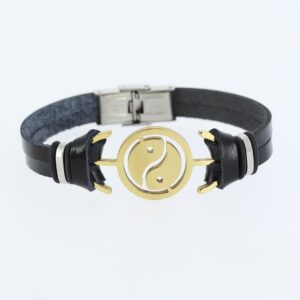 Tegan Gold Renk Yin Yang Figürlü Metal Aksesuarlı Siyah Renk Deri Erkek Bileklik TG27EB1359