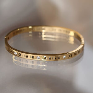 Tegan 316L Çelik Roma Rakamlı Gold Renk Bilezik Kelepçe TG27BB3565