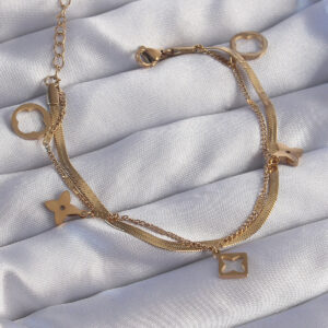 Tegan 316L Çelik Gold Renk Çift Zincir Yonca Tasarım Bileklik TG27BB6181