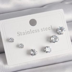 Tegan 316L Çelik Gümüş Renk Zirkon Taşlı Kalp Model Kadın Küpe Seti TG27BKP9879