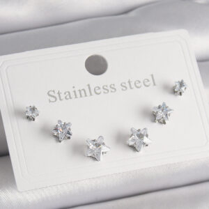 Tegan 316L Çelik Gümüş Renk Zirkon Taşlı Yıldız Model Kadın Küpe Seti TG27BKP9881