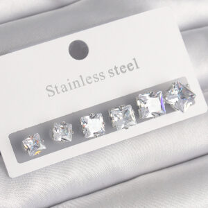 Tegan 316L Çelik Gümüş Renk Kare Zirkon Taşlı Kadın Küpe Seti TG27BKP10303