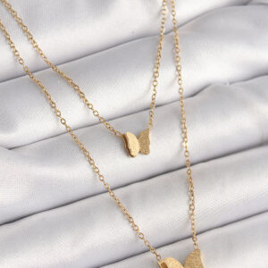 Tegan 316L Çelik Gold Renk 2'Li Simli Kelebek Model Kadın Kolye TG27BKO9928