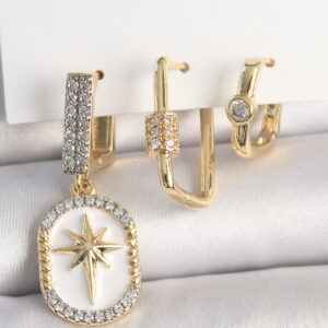 Tegan Pirinç Gold Renk Sallantı Zirkon Taş İşlmeli Yıldız Portre Model 3'Lü Kadın Kombin Küpe TG27BKP10452
