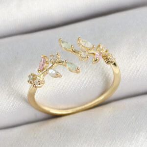 Tegan Pirinç Yaprak Figürlü Zirkon Taşlı Gold Renk Ayarlanabilir Kadın Yüzük TG27BYK3768