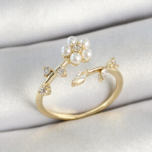 Tegan Pirinç İnci Detaylı Papatya Figürlü Zirkon Taşlı Gold Renk Ayarlanabilir Kadın Yüzük TG27BYK3770