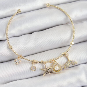 Tegan Pirinç Zirkon Taşlı İstiridye Ve Deniz Yıldızı Model Gold Renk Charm Bileklik TG27BB7358