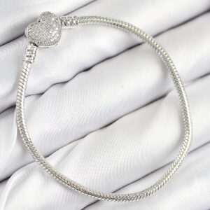 Tegan Pirinç Charm Zirkon Taşlı Kalp Model Gümüş Renk Kadın Bileklik TG27BB7803