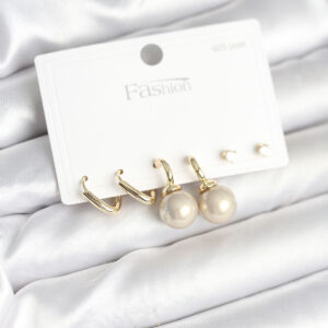 Tegan Pirinç Gold Renk İnci Detaylı 925 Gümüş Çivili Kadın Küpe Seti TG27BKP11253