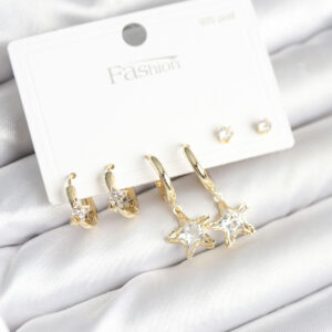 Tegan Pirinç Gold Renk Yıldız Model 925 Gümüş Çivili Kadın Küpe Seti TG27BKP11256