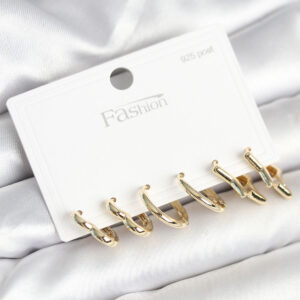 Tegan Pirinç Gold Renk Kalp Yıldız ve Halka Model 925 Ayar Gümüş Çivili Kadın Küpe Seti TG27BKP11262