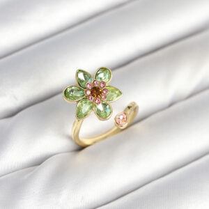 Tegan Çiçek Model Yeşil Pirinç Gold Renk Yüzük TG27BYK3901