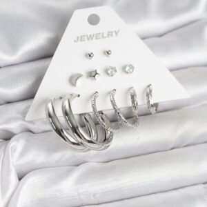 Tegan Pirinç Gümüş Renk Halka Modelli 6 Çift Kadın Küpe TG27BKP11335