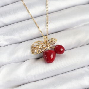 Tegan 316L Çelik Zincir Yapraklı Kiraz Model Gold Renk Kadın Kolye TG27BKO10613