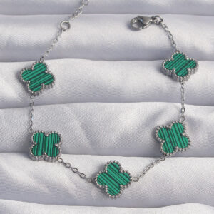 Tegan 316L Çelik Gümüş Renk Çizgili Yeşil Mineli Yonca Bileklik TG27BB6259