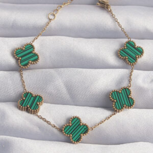 Tegan 316L Çelik Gold Renk Çizgili Yeşil Mineli Yonca Bileklik TG27BB6260