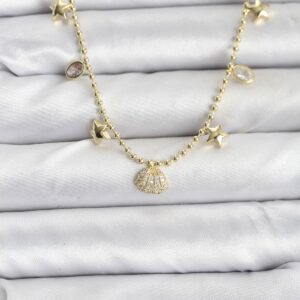 Tegan Pirinç Gold Renk Zirkon Taşlı Deniz Kabuğu Model Kadın Kolye TG27BKO10646