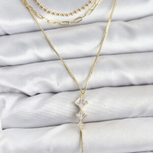 Tegan Pirinç Gold Renk Zirkon Taş Detaylı 3'lü Kombin Y Kadın Kolye TG27BKO10691