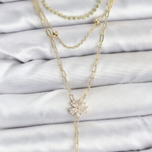 Tegan Pirinç Gold Renk Zirkon Taşlı Çiçek Model Detaylı 3'lü Kombin Y Kadın Kolye TG27BKO10697