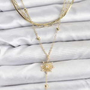 Tegan Pirinç Gold Renk Zirkon Taşlı Model Detaylı 3'lü Kombin Y Kadın Kolye TG27BKO10700