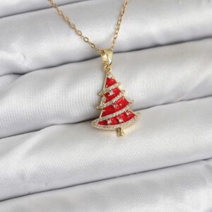 Tegan 316L Çelik Zincir Gold Renk Kırmızı Çam Ağacı Model Yılbaşı Temalı Kadın Kolye TG27BKO10714