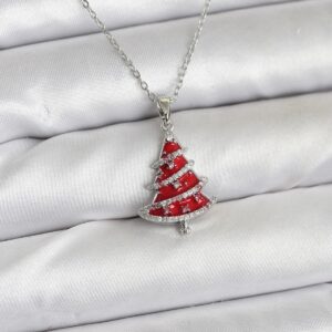 Tegan 316L Çelik Zincir Gümüş Renk Kırmızı Çam Ağacı Model Yılbaşı Temalı Kadın Kolye TG27BKO10715