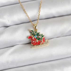 Tegan 316L Çelik Zincir Gold Renk Kızak ve Çam Ağacı Figürlü Yılbaşı Temalı Kadın Kolye TG27BKO10716