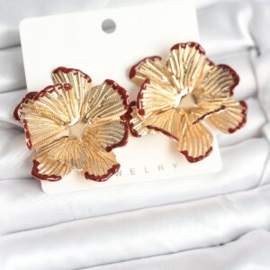 Tegan Pirinç Gold Renk Bordo Renk Detaylı Lotus Kadın Küpe TG27BKP11366