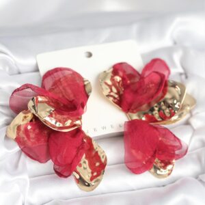 Tegan Pirinç Gold Renk Bordo Tüllü Lotus Kadın Küpe TG27BKP11372