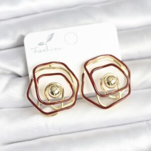 Tegan Pirinç Gold Renk Bordo Mineli Geometrik Gül Model Kadın Küpe TG27BKP11374