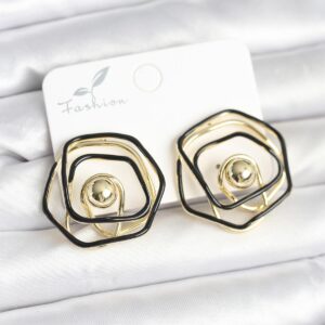 Tegan Pirinç Gold Renk Siyah Mineli Geometrik Gül Model Kadın Küpe TG27BKP11376