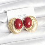 Tegan Pirinç Gold Renk Bordo Boncuklu Oval Vintage Kadın Küpe TG27BKP11391