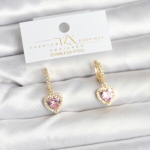 Tegan Pirinç Gold Pembe Renk Zirkon Taşlı Kalp Model Kadın Küpe TG27BKP11393
