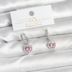 Tegan Pirinç Gümüş Pembe Renk Zirkon Taşlı Kalp Model Kadın Küpe TG27BKP11395