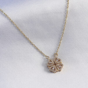 Tegan 316L Çelik Gold Renk Açılır Zirkon Taşlı Yonca Model Kadın Kolye TG27BKO7290