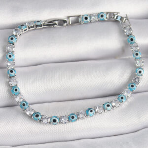 Tegan Pirinç Gümüş Renk Su Yolu Zirkon Taşlı Nazar Boncuklu Kadın Bileklik TG27BB6647