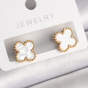 Tegan 316L Çelik Gold Renk Beyaz Minelik Yonca Model Kadın Küpe TG27BKP10197