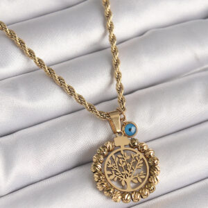 Tegan 316L Çelik Gold Renk Burgu Zincir Dorika Yaşam Ağacı Figür Nazar Boncuk Detay Kadın Kolye TG27BKO9874