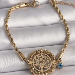 Tegan 316L Çelik Gold Renk Burgu Zincir Model Dorika Yaşam Ağacı Figür Nazar Boncuk Detay Kadın Bileklik TG27BB6784