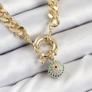 Tegan Pirinç Zirkon Taşlı Nazar Boncuk Detaylı Klasik Zincir Model Gold Renk Kadın Kolye TG27BKO10482