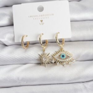 Tegan Göz Model Gold Renk Pirinç 3'lü Kadın Küpe Seti TG27BKP11439