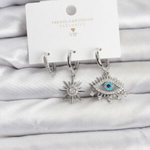 Tegan Göz Model Gümüş Renk Pirinç 3'lü Kadın Küpe Seti TG27BKP11440